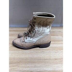 Larry Mahan Vintage Women Tooled Leather Lace-Up Western Boots Size 9 M